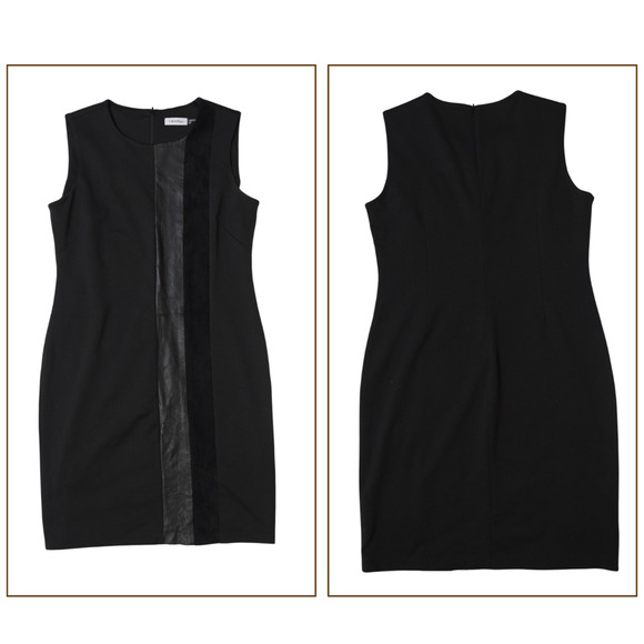 Calvin Klein Sheath Dress Sz 12 Black Leather Panel Edgy Sleeveless Needs Repair - Picture 1 of 13